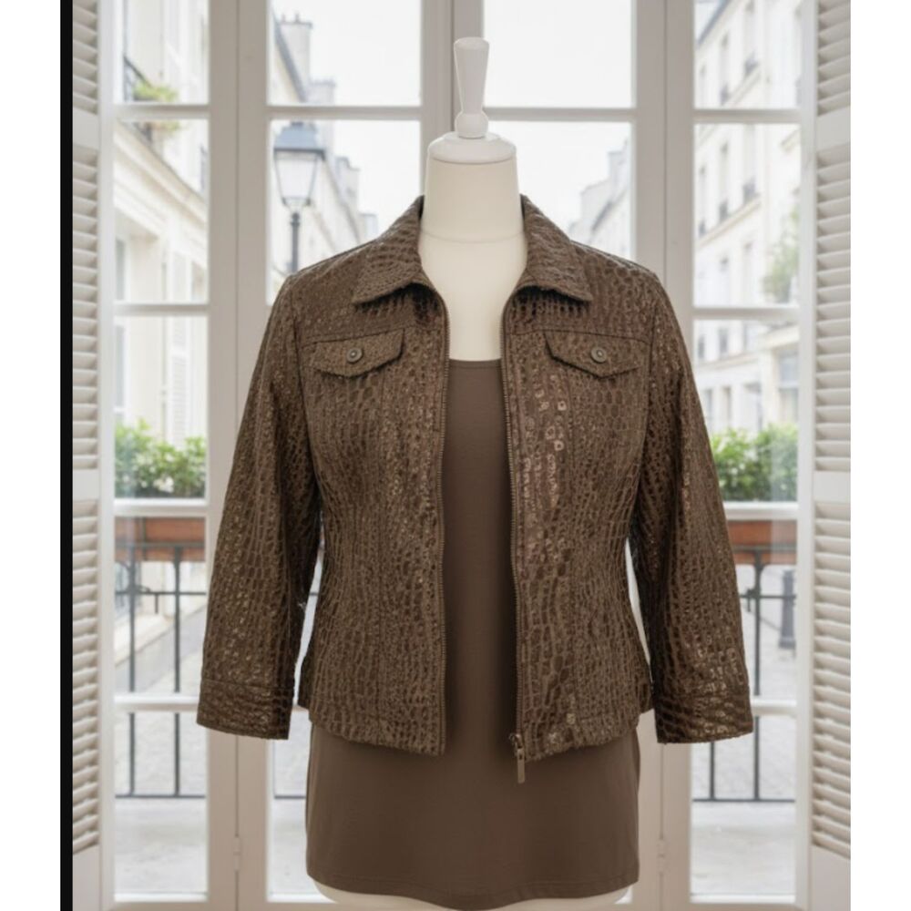Ruby Rd Petite Faux Reptile Leather Look Front Zipper Short Jacket Brown 14P